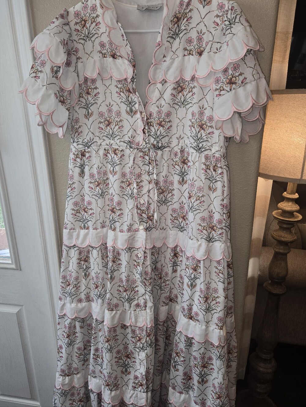 Fancy - Women's White Floral Tiered Dress with Pink scalloped trim